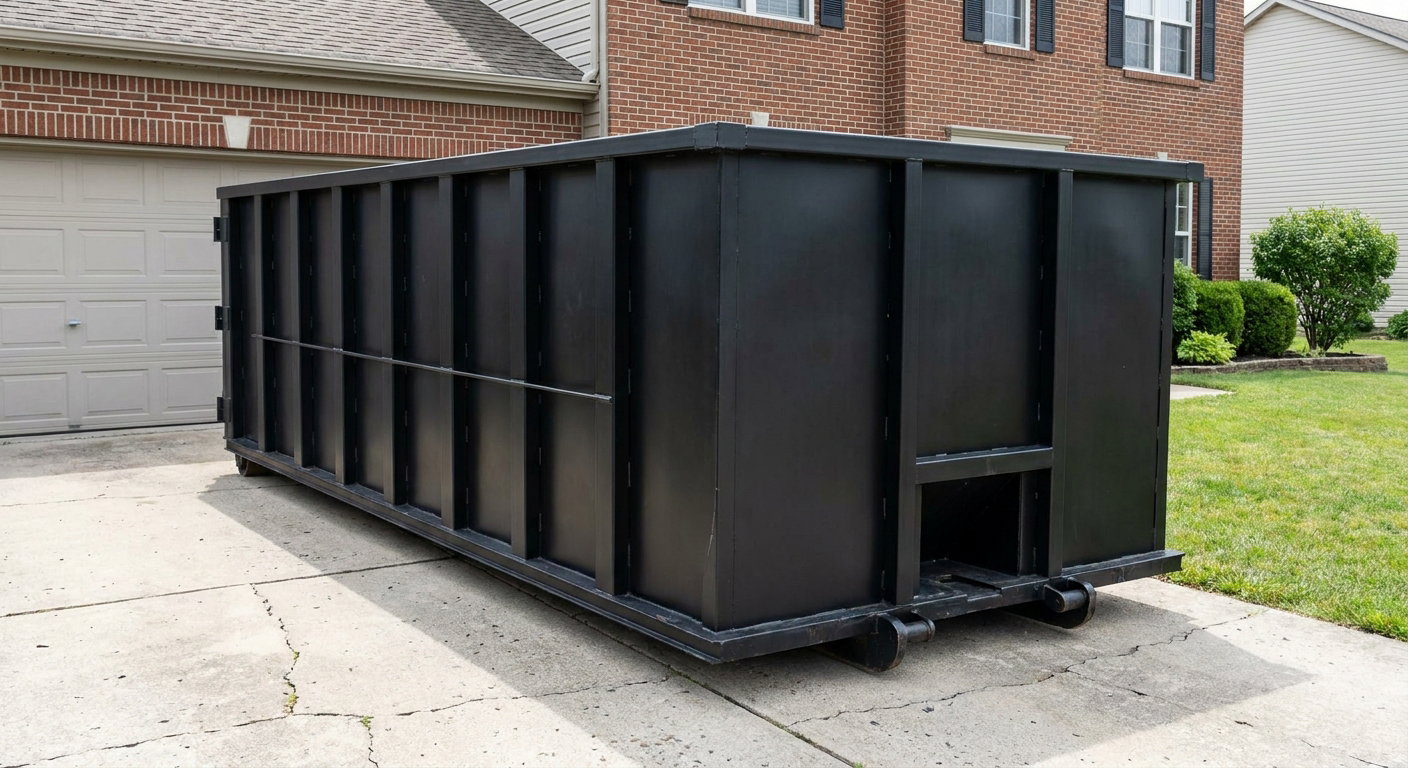 Matte-black 20-yard roll-off container on a Springfield residential concrete driveway with reinforced ribbed steel sidewalls and a hinged rear walk-in door, clean bright daylight.