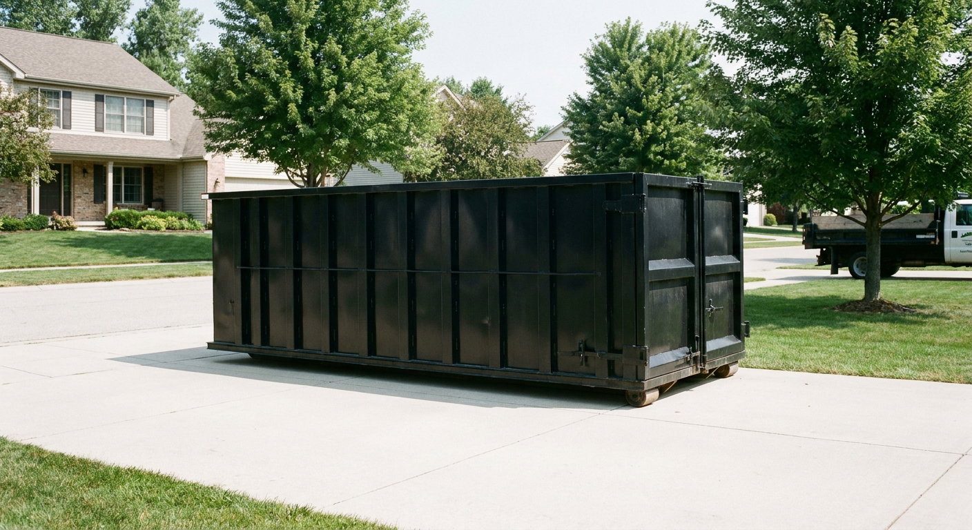 Matte-black 20-yard roll-off dumpster sitting level on a clean Springfield residential concrete driveway under bright daylight, demonstrating clean placement directly on the concrete.
